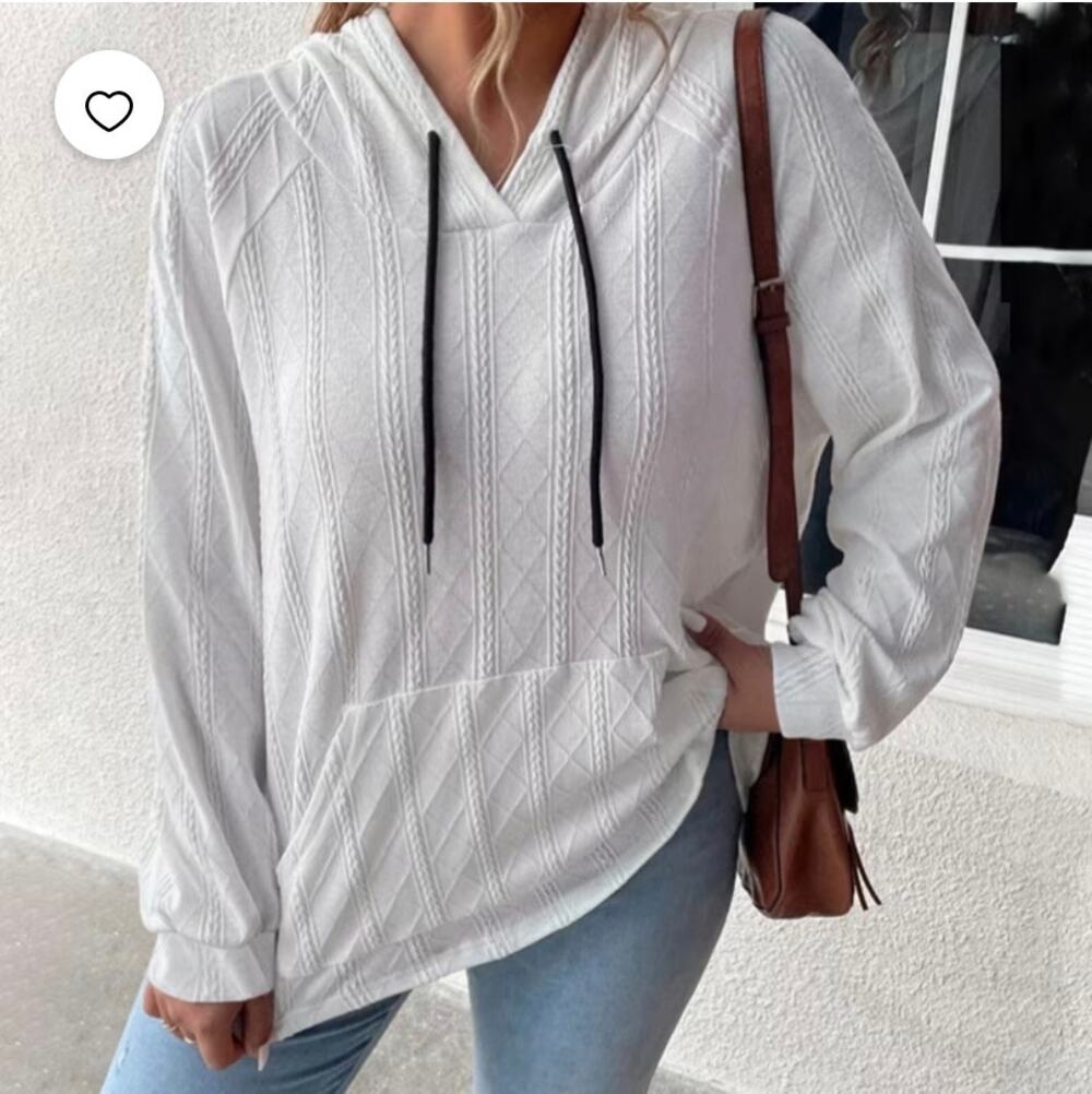 Shein Curve Long Sleeve Textured Cable Knit Hoodie Lightweight White Plus 3XL